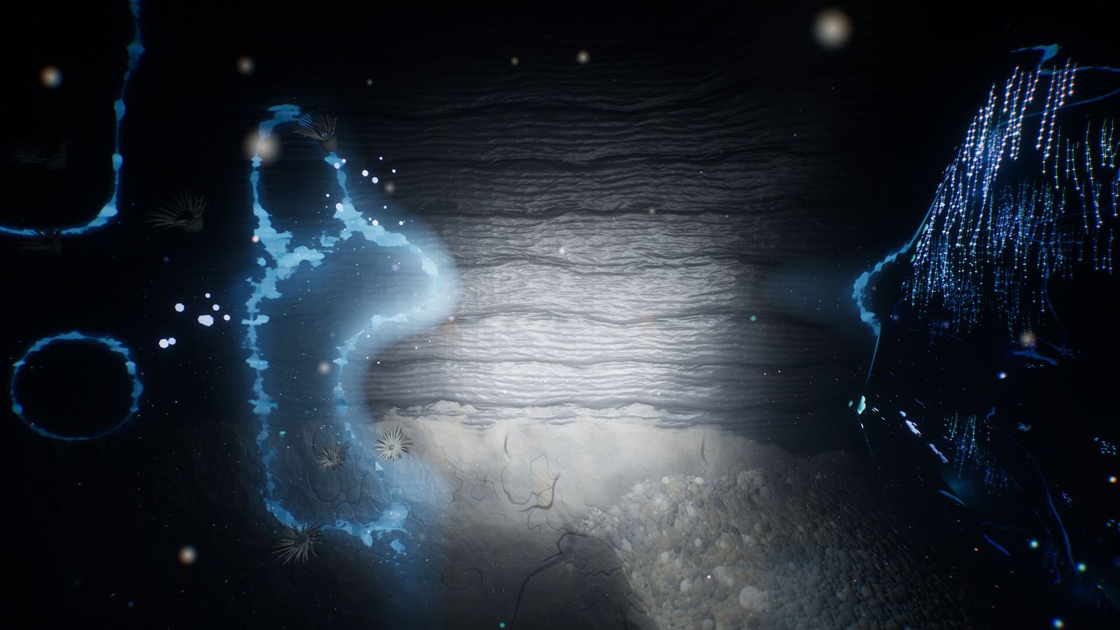 Les parois d’une grotte, éclairées par le projecteur et par des organismes lumineux