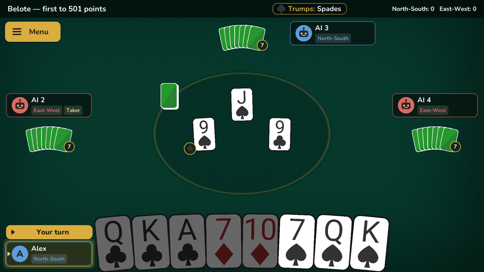 A four-player Belote deal