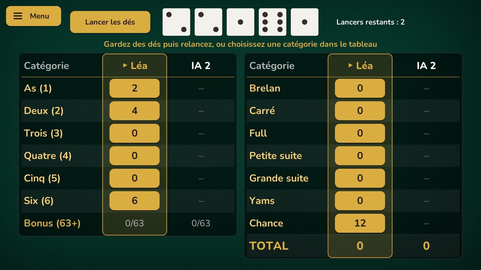 La feuille de score du Yams