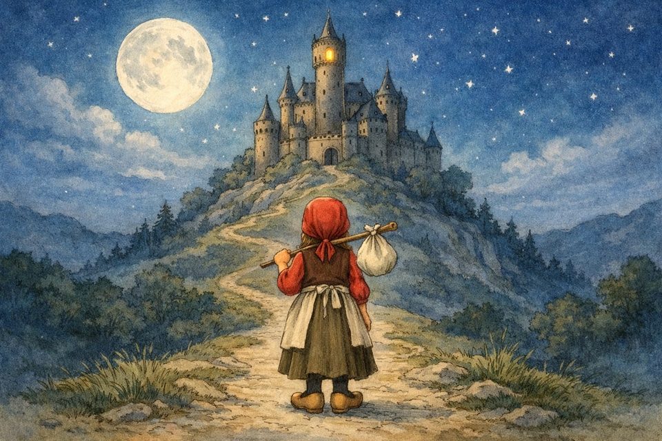 Une petite fille au foulard rouge, de dos, regarde un château sur sa colline, sous la pleine lune