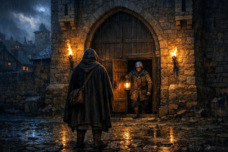 Un messager en cape devant la porte du château de Corbeval, sous la pluie, face à un garde qui tient une lanterne