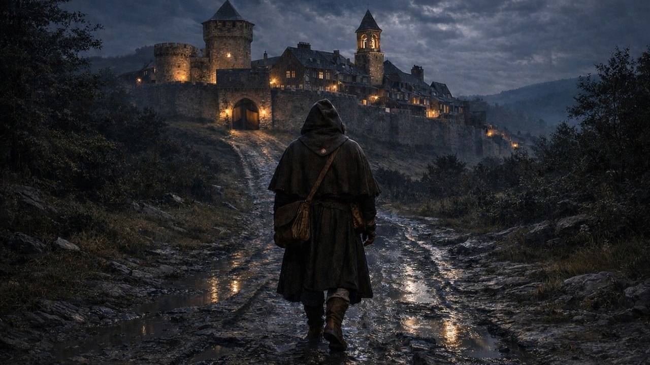 Un messager encapuchonné sur une route boueuse, de nuit, devant les remparts éclairés de Corbeval