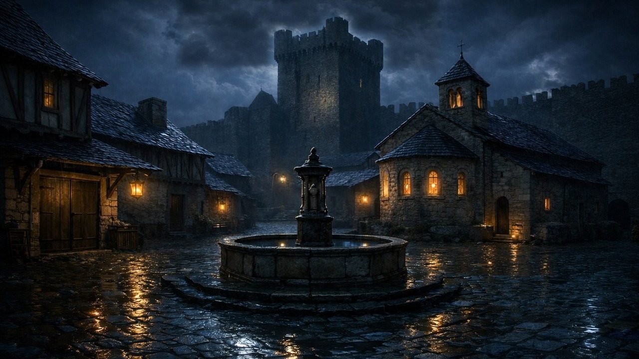 La cour du château la nuit, une fontaine au milieu des pavés mouillés