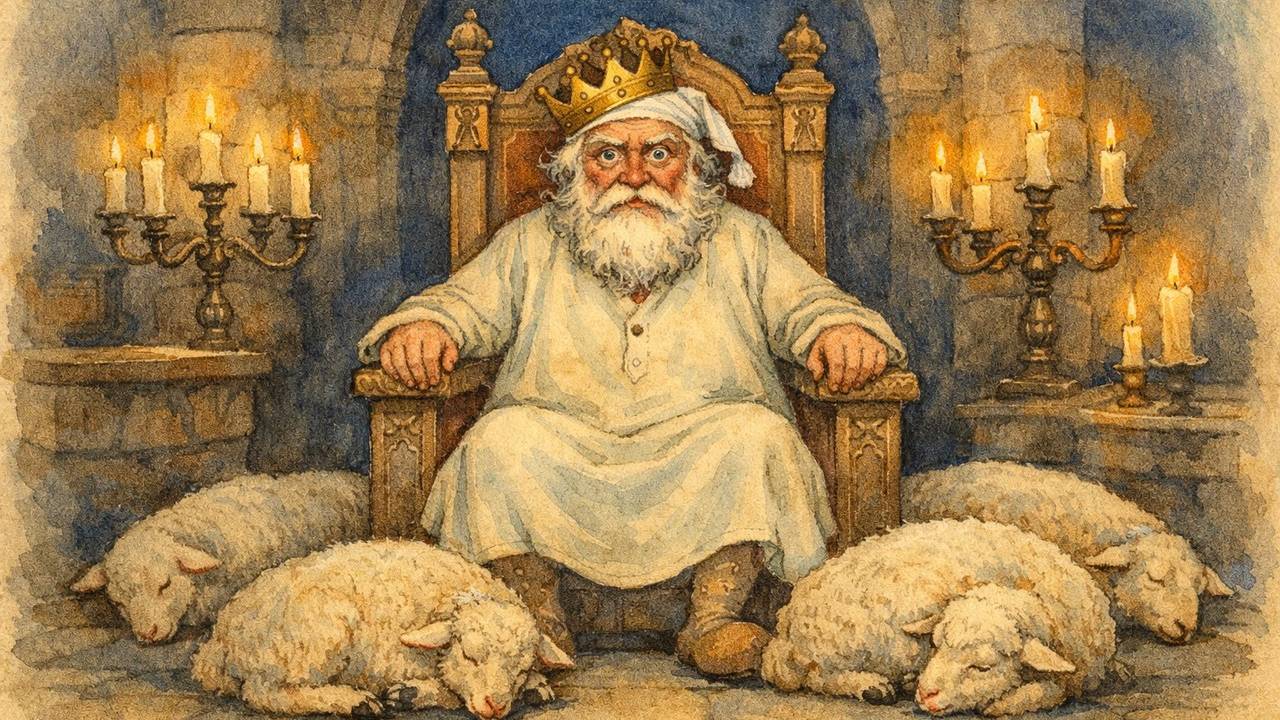 Un vieux roi en chemise de nuit sur son trône, entouré de moutons endormis
