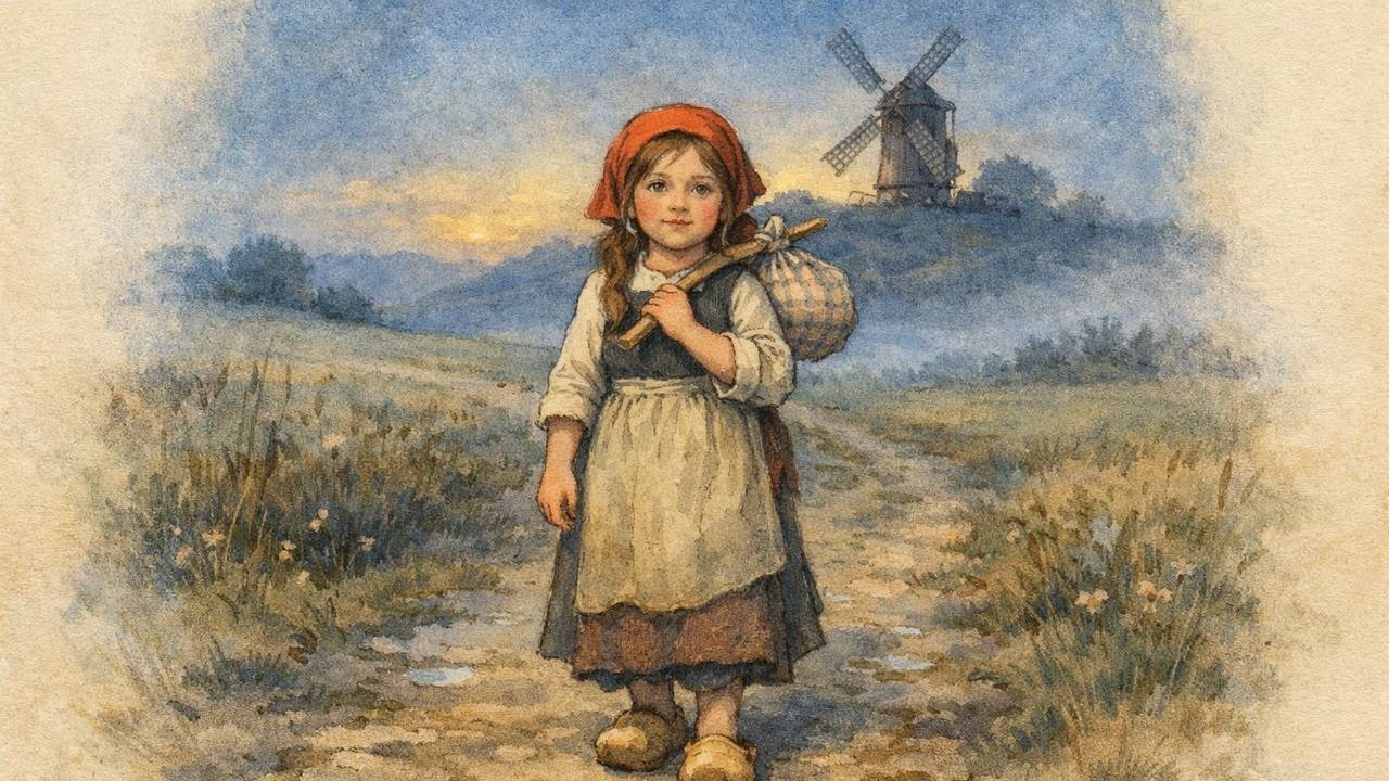 Une petite fille en sabots, son baluchon sur l'épaule, sur un chemin de campagne