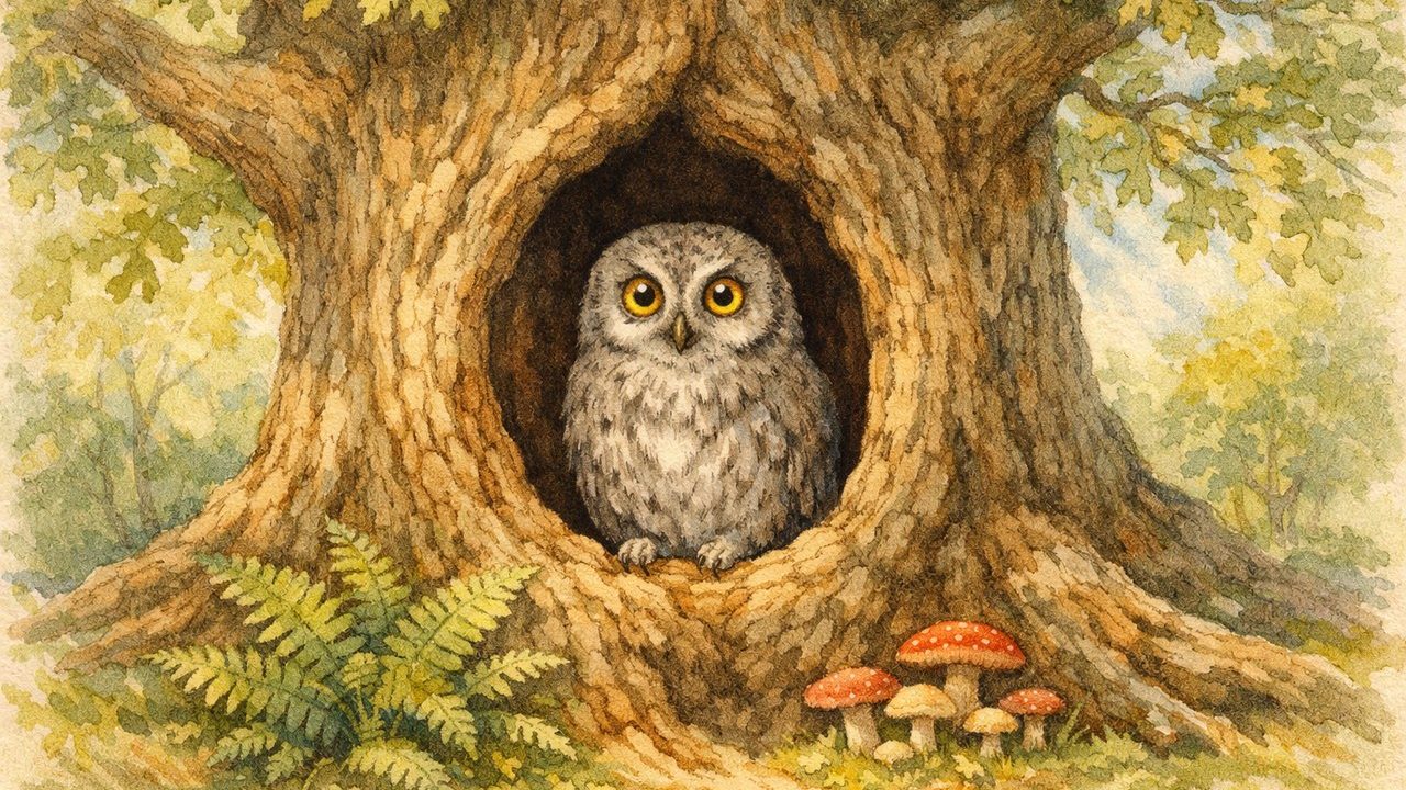 Une chouette grise dans le creux d'un vieux chêne, en plein jour
