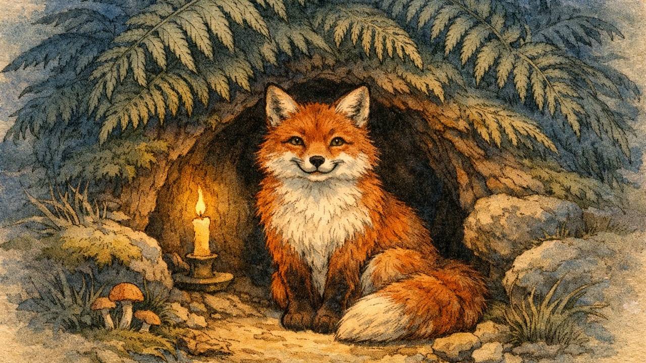 Un renard assis à l'entrée de son terrier, sous les fougères