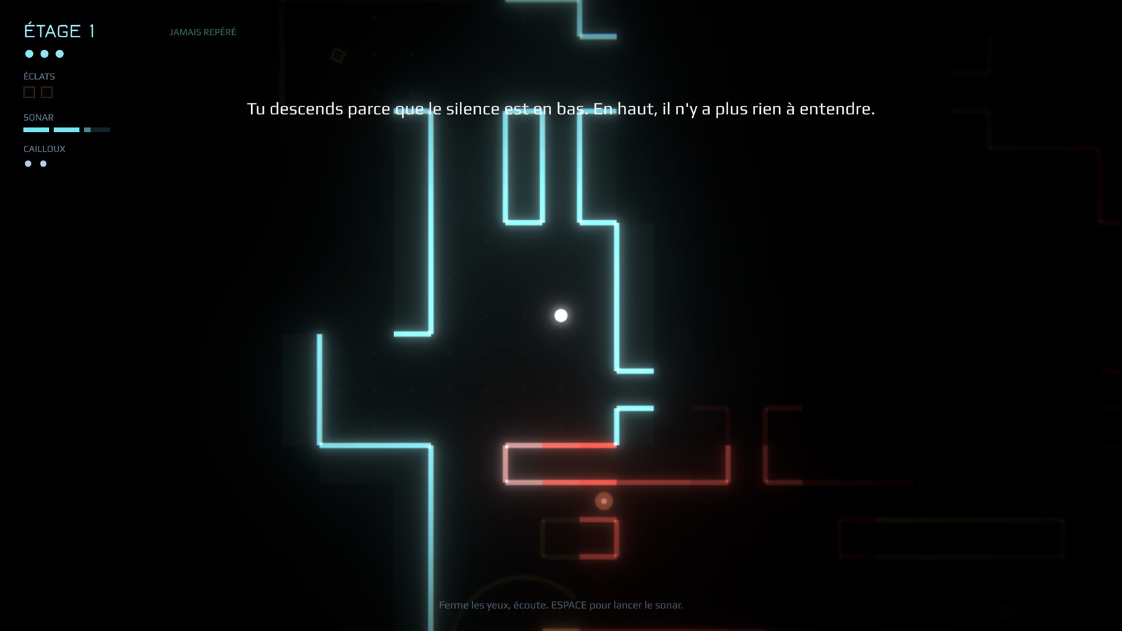 Étage 1 : une pulsation sonar révèle les murs en néon