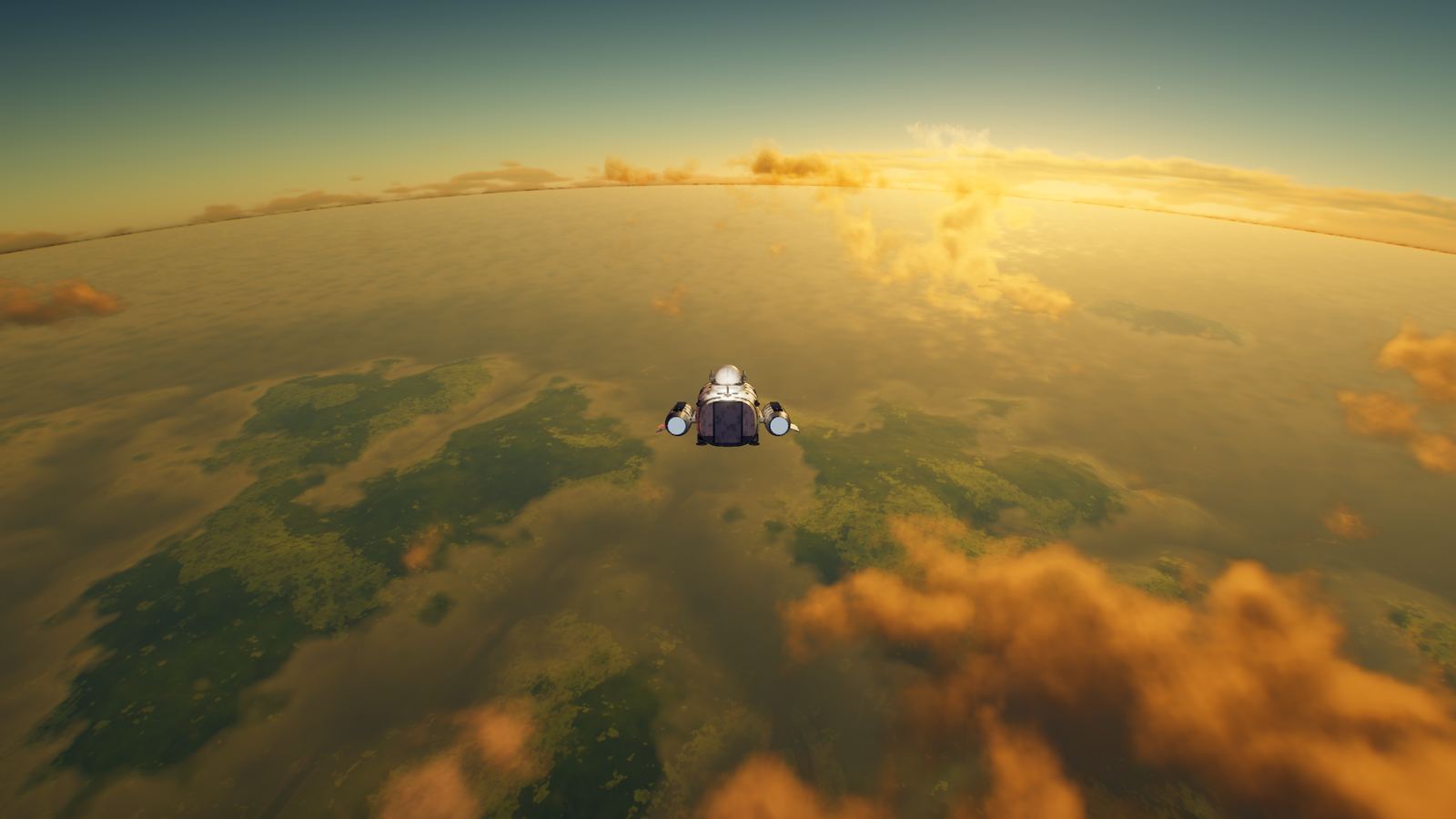 Le vaisseau descend au-dessus d’une mer de nuages, au couchant
